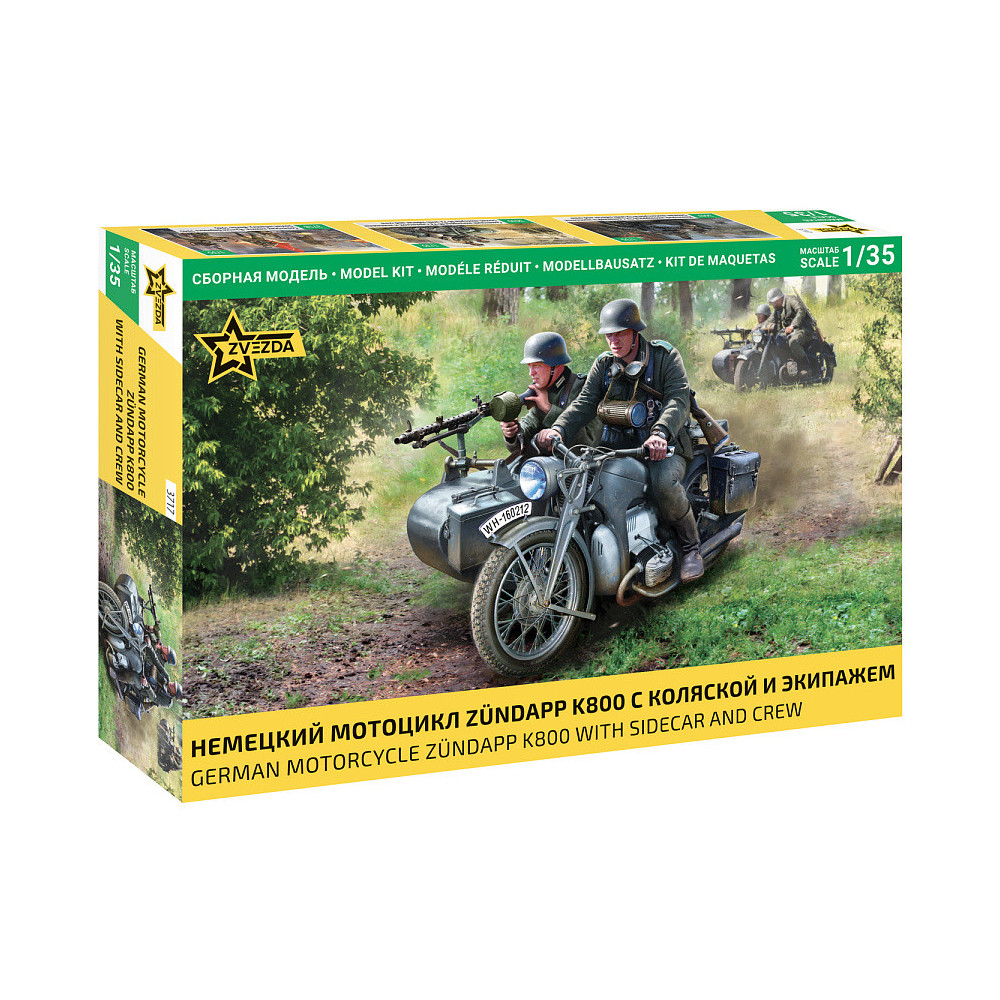 Zvezda Zündapp K800 motocikla komplekts 1:35 Otrā pasaules kara vācu blakusvāģis un apkalpe