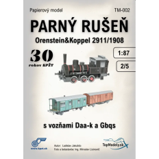 Papīra modelis Orenstein&Koppel 2911/1908 tvaika lokomotīvei ar vagoniem